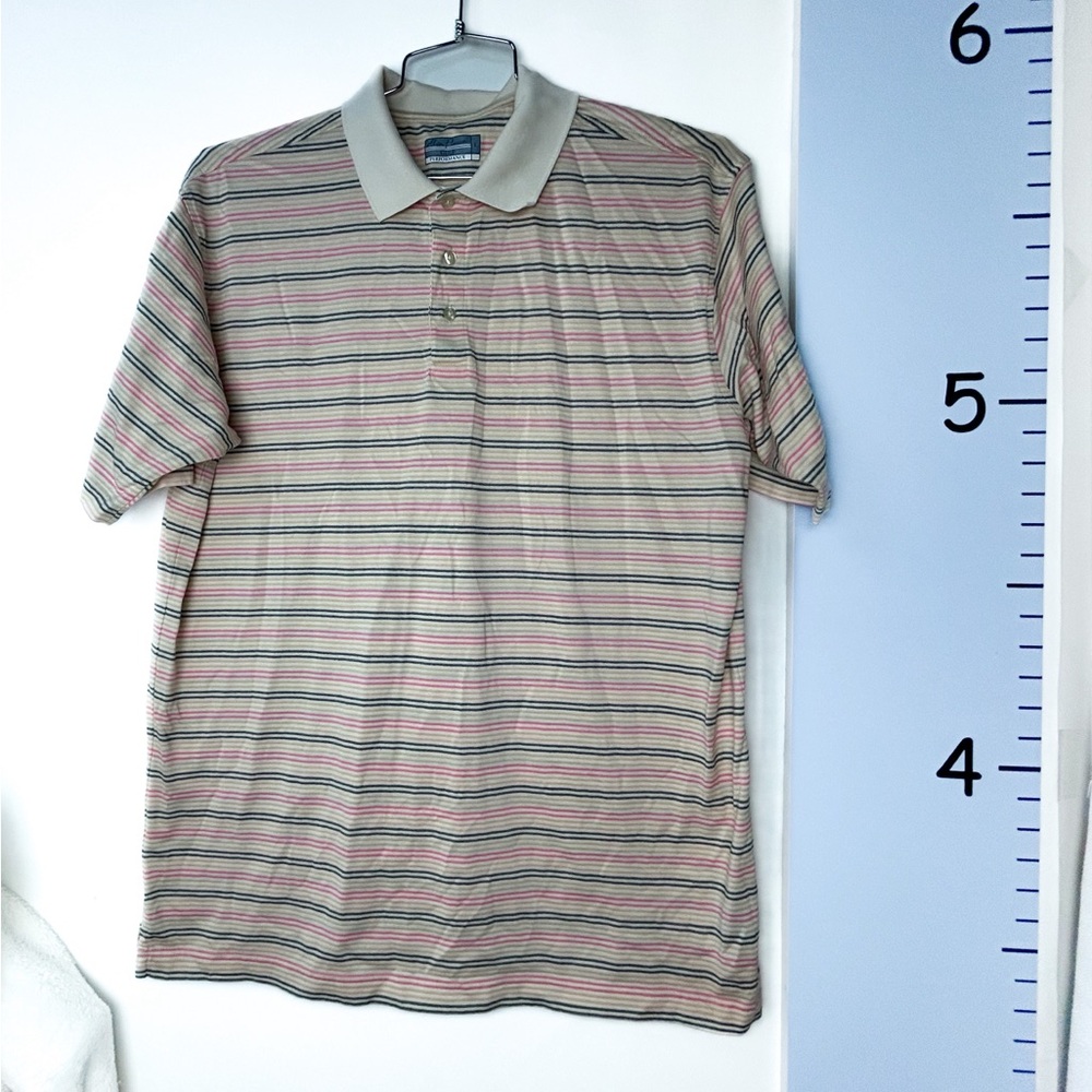Alan Flusser Beige & Pastel Stripes Golf Performance‎ Polo Shirt Men's Large